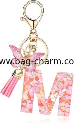 GUGEER Fashion Alphabet Initial Letter Keychain Tassel Butterfly Pendant Key Ring for Purse Handbags Women Girl