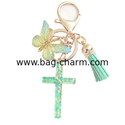 Cross Keyrings for Women Cute Purple Initial Letter Keychain Butterfly Sequins Resin Alphabet Letter Keyrings Tassel Poms Pendants Car Door Key Chains Ring Bag Charms for Womens Handbags Gift Decor