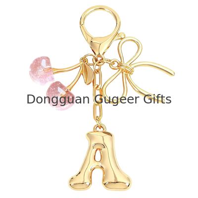 GUGEER Bubble Initial Keychain with Bow & Cherry - Gold Letter Bag Charms for Women, Cute Purse Handbag Accessories