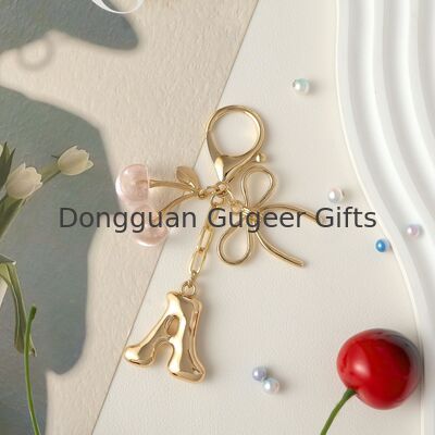 GUGEER Bubble Initial Keychain with Bow & Cherry - Gold Letter Bag Charms for Women, Cute Purse Handbag Accessories