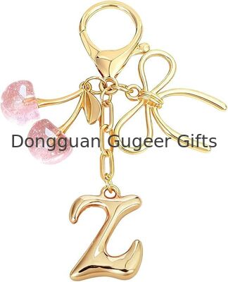 GUGEER Bubble Initial Keychain with Bow & Cherry - Gold Letter Bag Charms for Women, Cute Purse Handbag Accessories