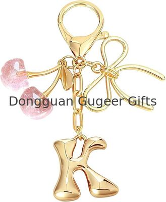 GUGEER Bubble Initial Keychain with Bow & Cherry - Gold Letter Bag Charms for Women, Cute Purse Handbag Accessories