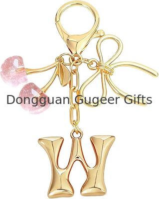 GUGEER Bubble Initial Keychain with Bow & Cherry - Gold Letter Bag Charms for Women, Cute Purse Handbag Accessories