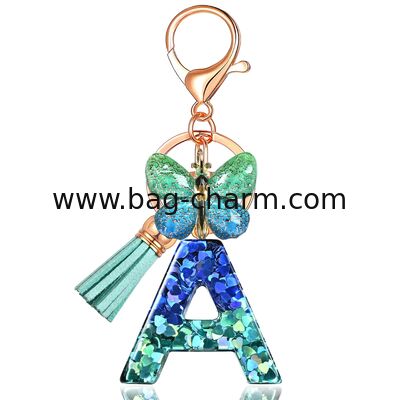 GUGEER  Initial letter Keychains for Women Tassel Butterfly Pink Purple Cute Car Keychain for Wallet Backpack bag charm