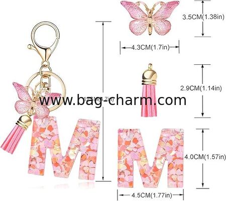 GUGEER Fashion Alphabet Initial Letter Keychain Tassel Butterfly Pendant Key Ring for Purse Handbags Women Girl