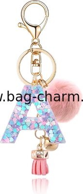 GUGEER Resin Alphabet Initial Letter Keychain Keyring for Women Purse Handbags With Fur Ball Pom