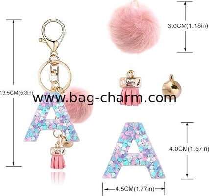 GUGEER Resin Alphabet Initial Letter Keychain Keyring for Women Purse Handbags With Fur Ball Pom