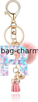 GUGEER Resin Alphabet Initial Letter Keychain Keyring for Women Purse Handbags With Fur Ball Pom