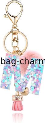 GUGEER Resin Alphabet Initial Letter Keychain Keyring for Women Purse Handbags With Fur Ball Pom