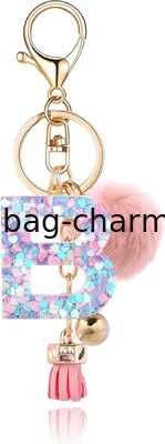 GUGEER Resin Alphabet Initial Letter Keychain Keyring for Women Purse Handbags With Fur Ball Pom