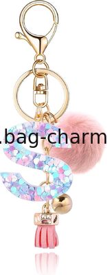 GUGEER Resin Alphabet Initial Letter Keychain Keyring for Women Purse Handbags With Fur Ball Pom