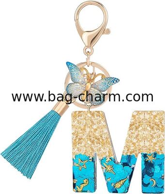 GUGEER  Cute Blue Keychains for Women Girls, A-Z Alphabet Key Chains with Tassel, Charms for Key Purse Handbags Backpacks
