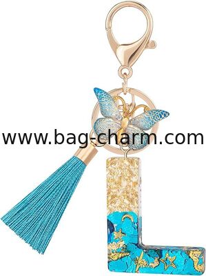GUGEER  Cute Blue Keychains for Women Girls, A-Z Alphabet Key Chains with Tassel, Charms for Key Purse Handbags Backpacks