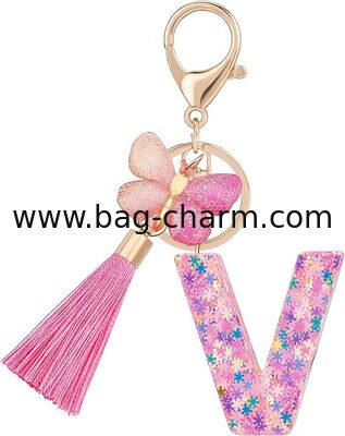 GUGEER Fashion Alphabet Initial Letter Keychain, Women Tassel Butterfly Pink Purple Cute Car Keyrin, Pink and Gold Resin Alphabet Keychain, Tassel Butterfly Pendant Key Ring for Wallet