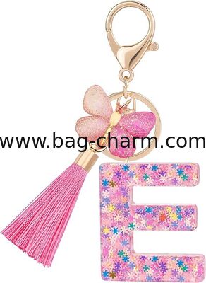 GUGEER Fashion Alphabet Initial Letter Keychain, Women Tassel Butterfly Pink Purple Cute Car Keyrin, Pink and Gold Resin Alphabet Keychain, Tassel Butterfly Pendant Key Ring for Wallet