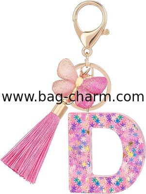GUGEER Fashion Alphabet Initial Letter Keychain, Women Tassel Butterfly Pink Purple Cute Car Keyrin, Pink and Gold Resin Alphabet Keychain, Tassel Butterfly Pendant Key Ring for Wallet