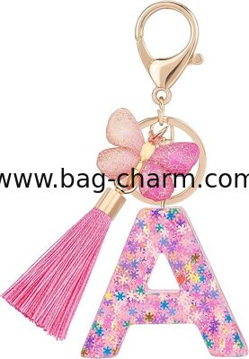 GUGEER Fashion Alphabet Initial Letter Keychain, Women Tassel Butterfly Pink Purple Cute Car Keyrin, Pink and Gold Resin Alphabet Keychain, Tassel Butterfly Pendant Key Ring for Wallet