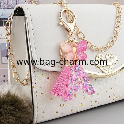 GUGEER Fashion Alphabet Initial Letter Keychain, Women Tassel Butterfly Pink Purple Cute Car Keyrin, Pink and Gold Resin Alphabet Keychain, Tassel Butterfly Pendant Key Ring for Wallet