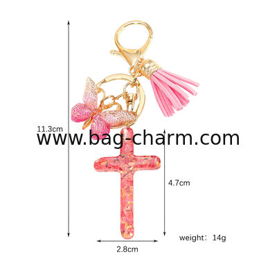 Cross Keyrings for Women Cute Purple Initial Letter Keychain Butterfly Sequins Resin Alphabet Letter Keyrings Tassel Poms Pendants Car Door Key Chains Ring Bag Charms for Womens Handbags Gift Decor