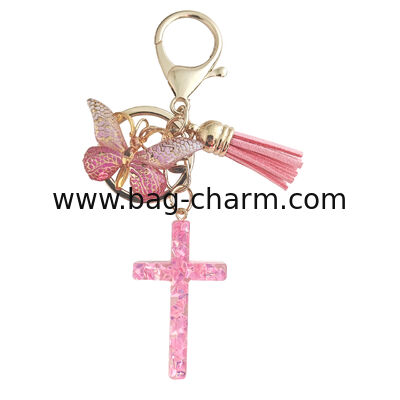 Cross Keyrings for Women Cute Purple Initial Letter Keychain Butterfly Sequins Resin Alphabet Letter Keyrings Tassel Poms Pendants Car Door Key Chains Ring Bag Charms for Womens Handbags Gift Decor