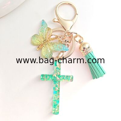 Cross Keyrings for Women Cute Purple Initial Letter Keychain Butterfly Sequins Resin Alphabet Letter Keyrings Tassel Poms Pendants Car Door Key Chains Ring Bag Charms for Womens Handbags Gift Decor